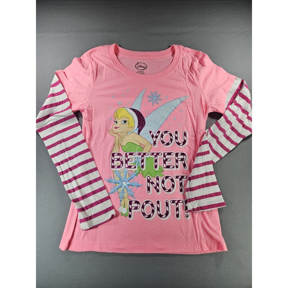 Disney Tinkerbell Christmas Y2K Layered Shirt Juniors XXL Pink Striped Tee